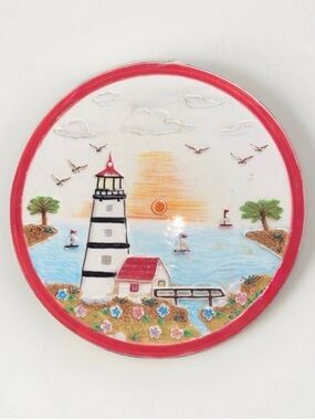 Lighthouse Coastal Decorative Plate 8" Hand Painted Stamped KK